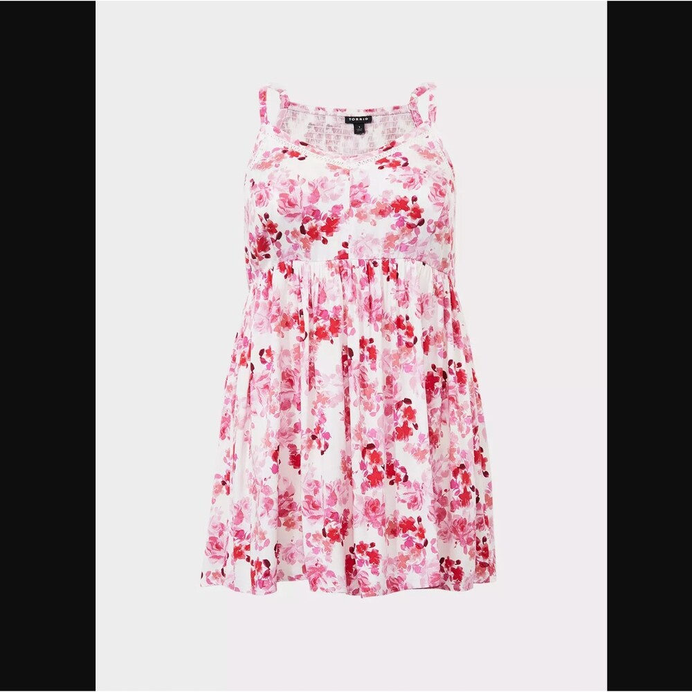 Torrid Floral Babydoll Cami Top 2X 18 20 White Pink Smocked Challis Tunic Boho - Picture 7 of 8